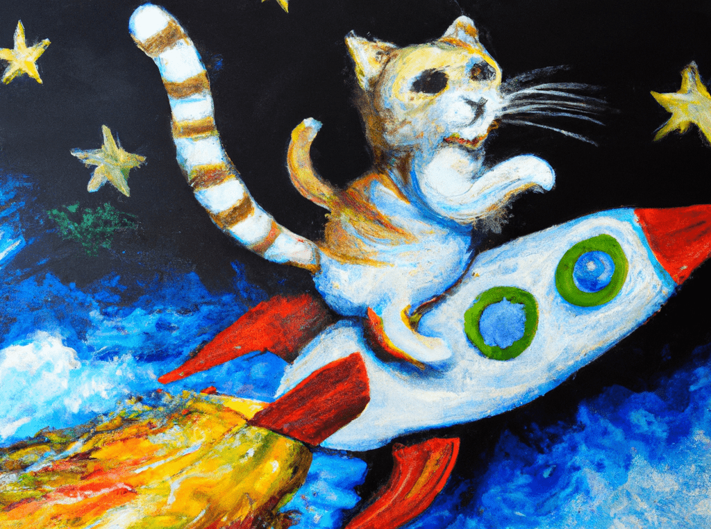 DALL·E 2023-02-16 22.53.03 - a cat riding a rocket across the stars, oil painting