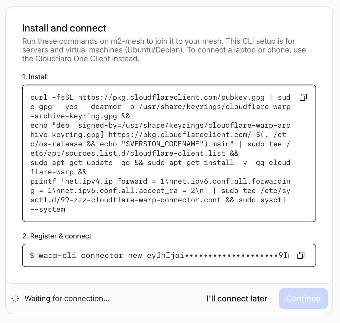 Mesh node onboarding instructions in Cloudflare dashboard