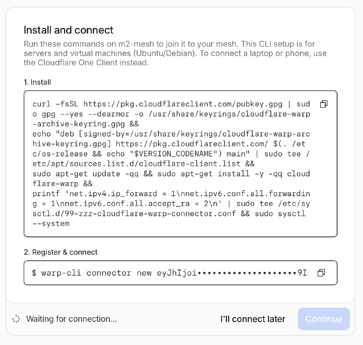 Mesh node onboarding instructions in Cloudflare dashboard