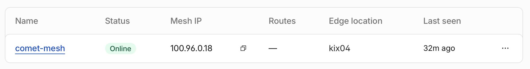 Mesh node details showing private IP 100.96.0.18
