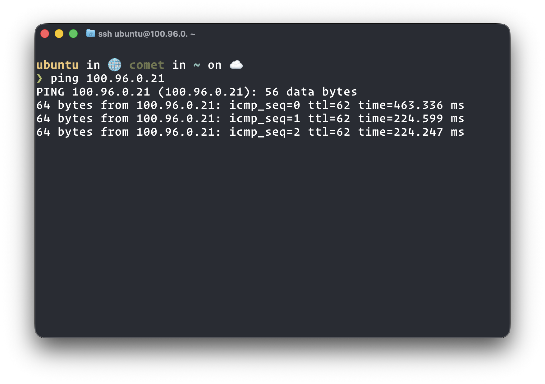 Successful ping from server Mesh node back to MacBook