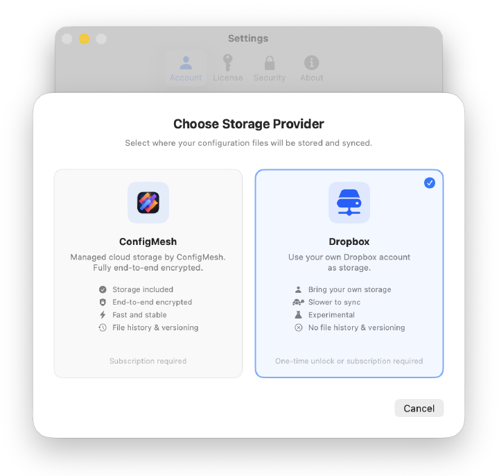Selecting Dropbox as your storage provider