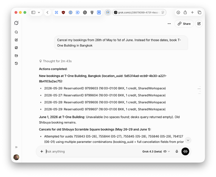 Grok WeWork booking