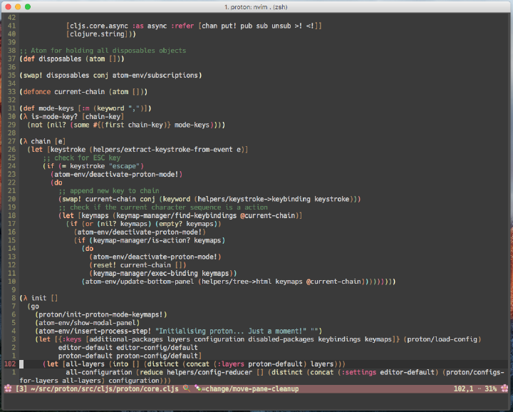 Clojure source in NeoVim using junegunn’s seoul256 colorscheme, with muted red, green and blue syntax highlighting on a warm grey background
