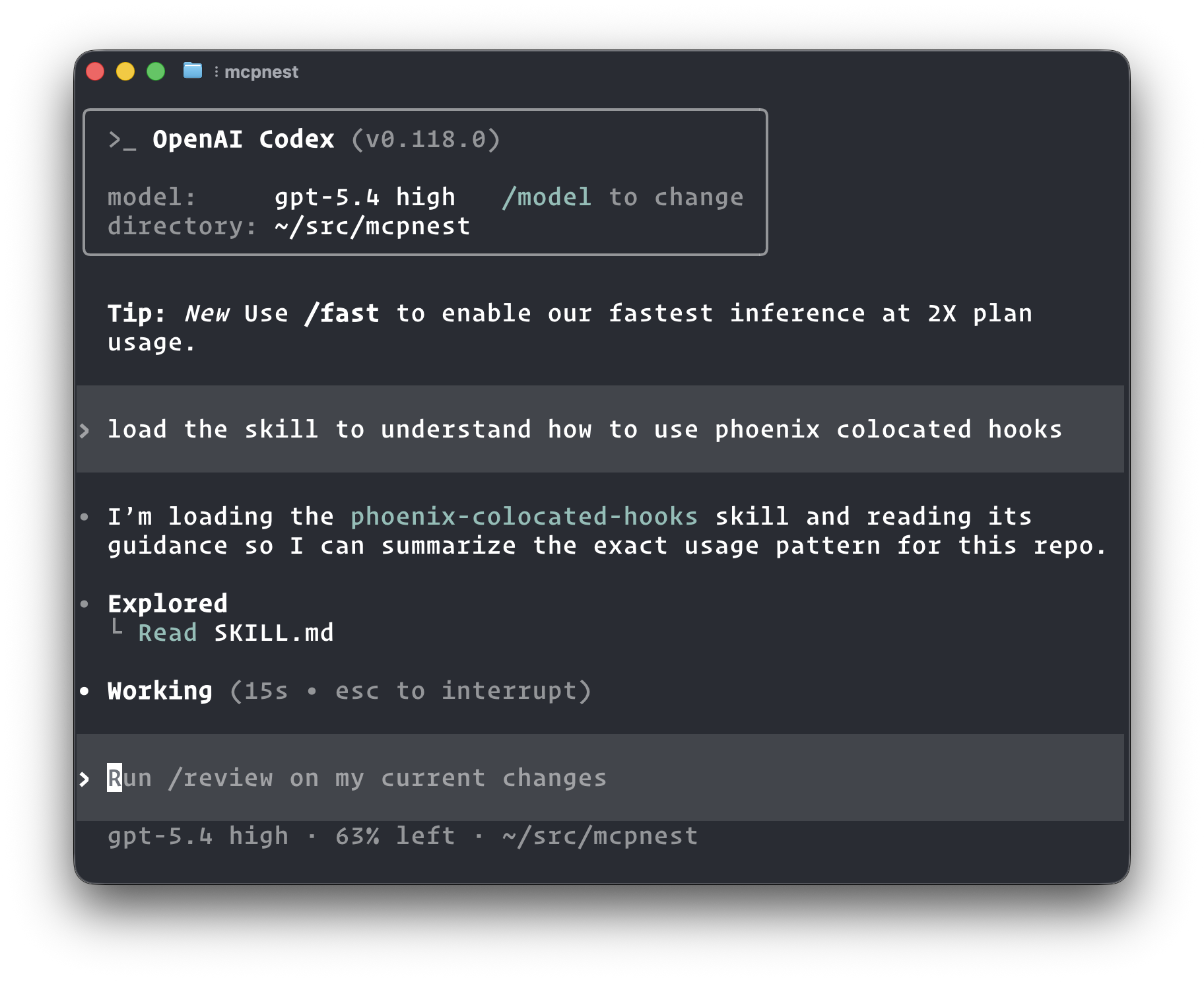 Codex loading a skill to understand Phoenix colocated hooks
