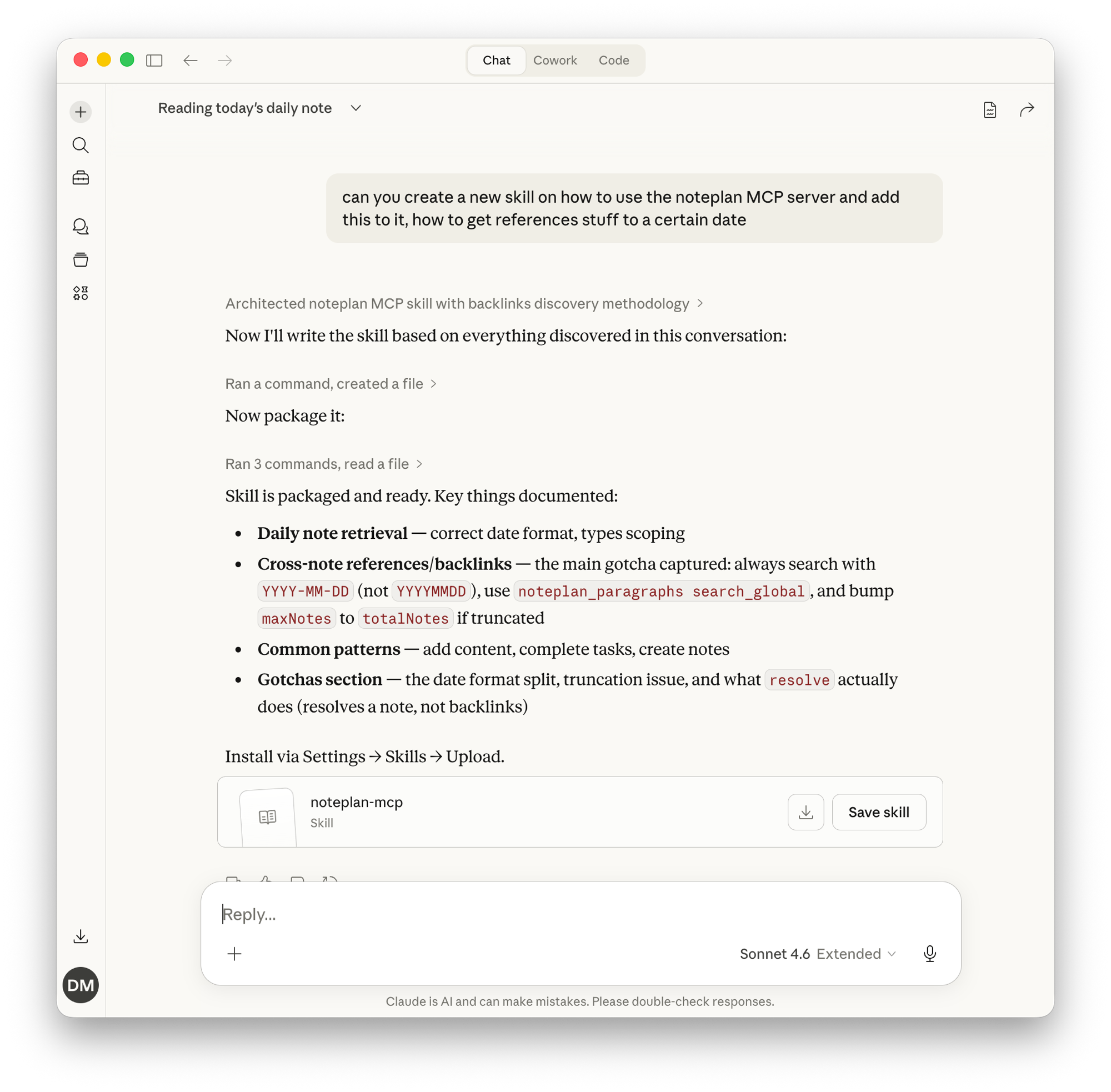 Claude packaging learnings from a NotePlan MCP session into a reusable Skill