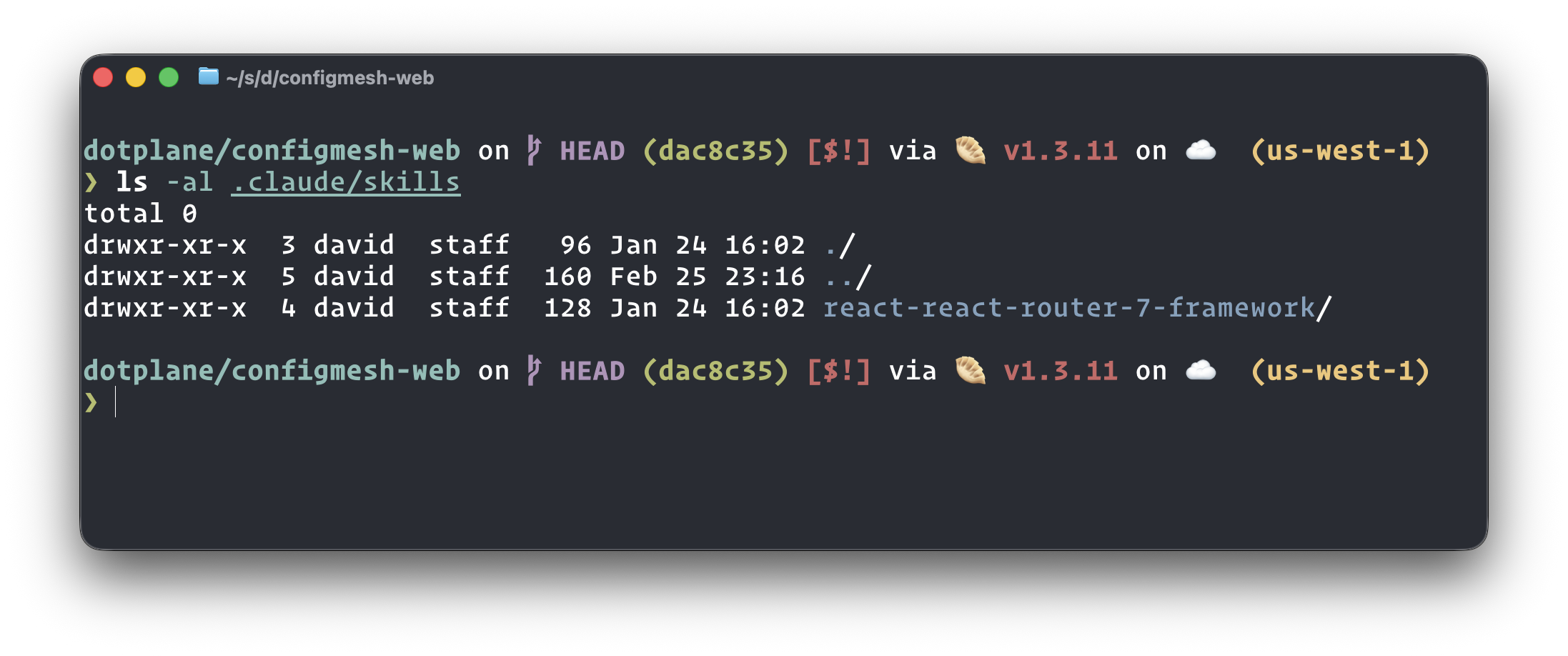 ls -al .claude/skills in a React Router repo