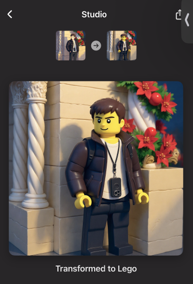 The result of the Lego prompt, labelled 'Transformed to Lego': the whole scene rebuilt as a Lego minifigure in a puffer jacket against brick columns and poinsettias