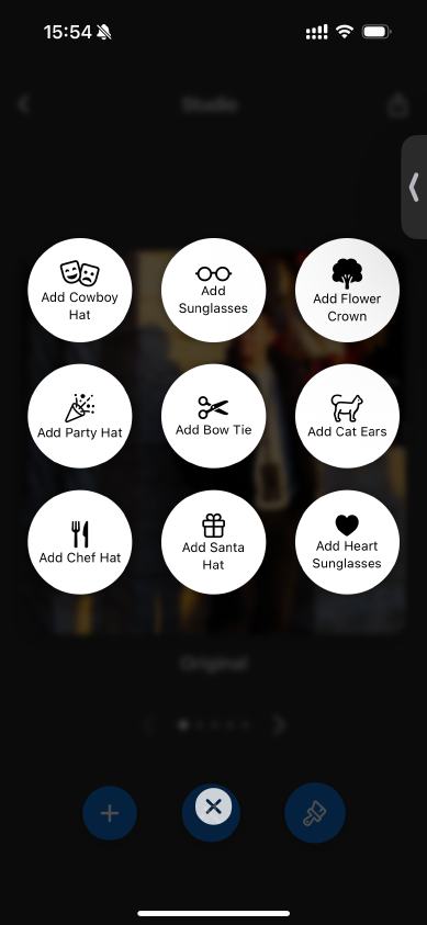 A grid of accessory presets: Add Cowboy Hat, Add Sunglasses, Add Flower Crown, Add Party Hat, Add Bow Tie, Add Cat Ears, Add Chef Hat, Add Santa Hat, Add Heart Sunglasses