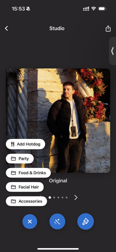 The Quickshot studio view with an unedited photo loaded and preset categories listed down the side: Add Hotdog, Party, Food & Drinks, Facial Hair, Accessories