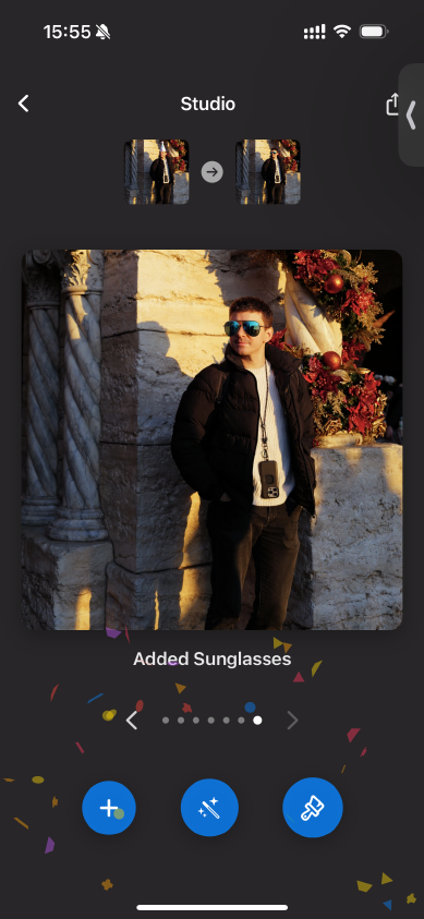 The same photo after the Add Sunglasses preset, labelled 'Added Sunglasses', with before and after thumbnails at the top