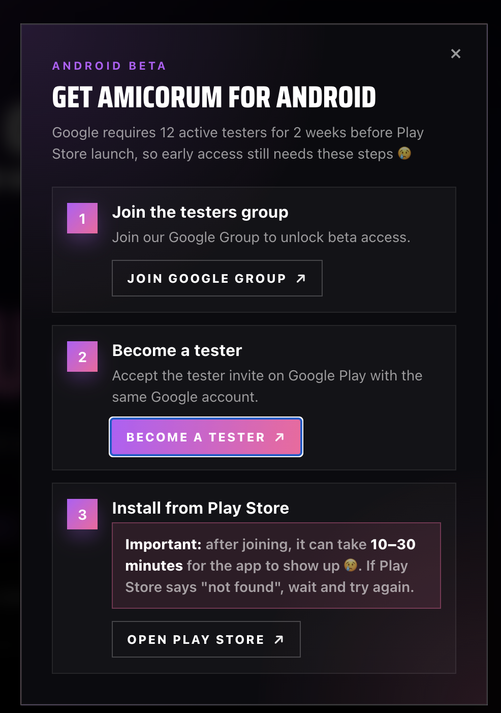 In-app Android beta install popup with three steps: join Google Group, become a tester, then open Play Store after a 10-30 minute wait