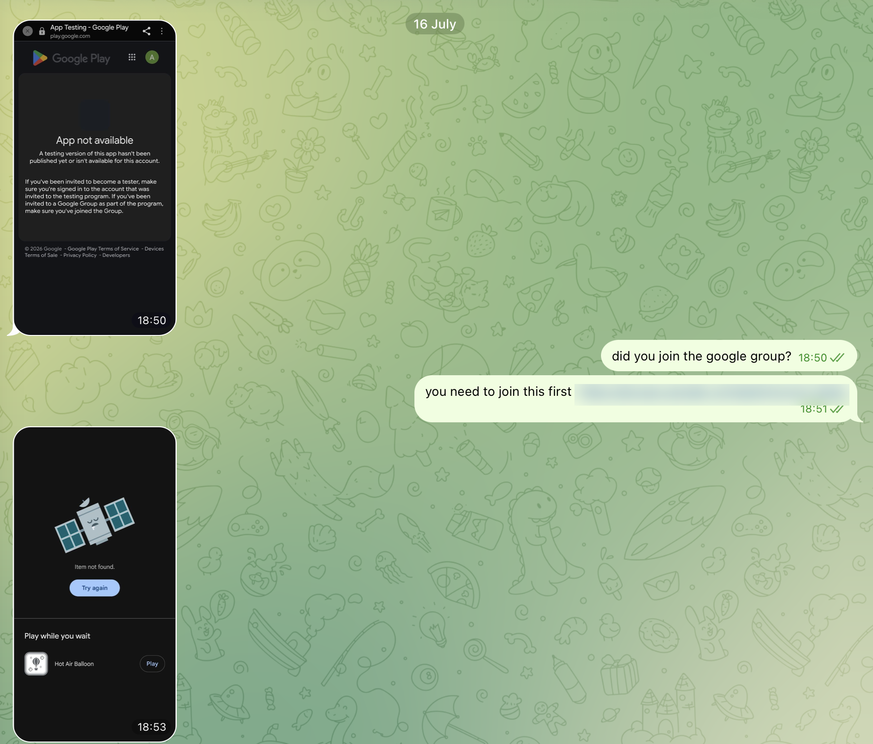 Chat showing an Android tester encountering App not available, joining the Google Group, and then seeing Item not found