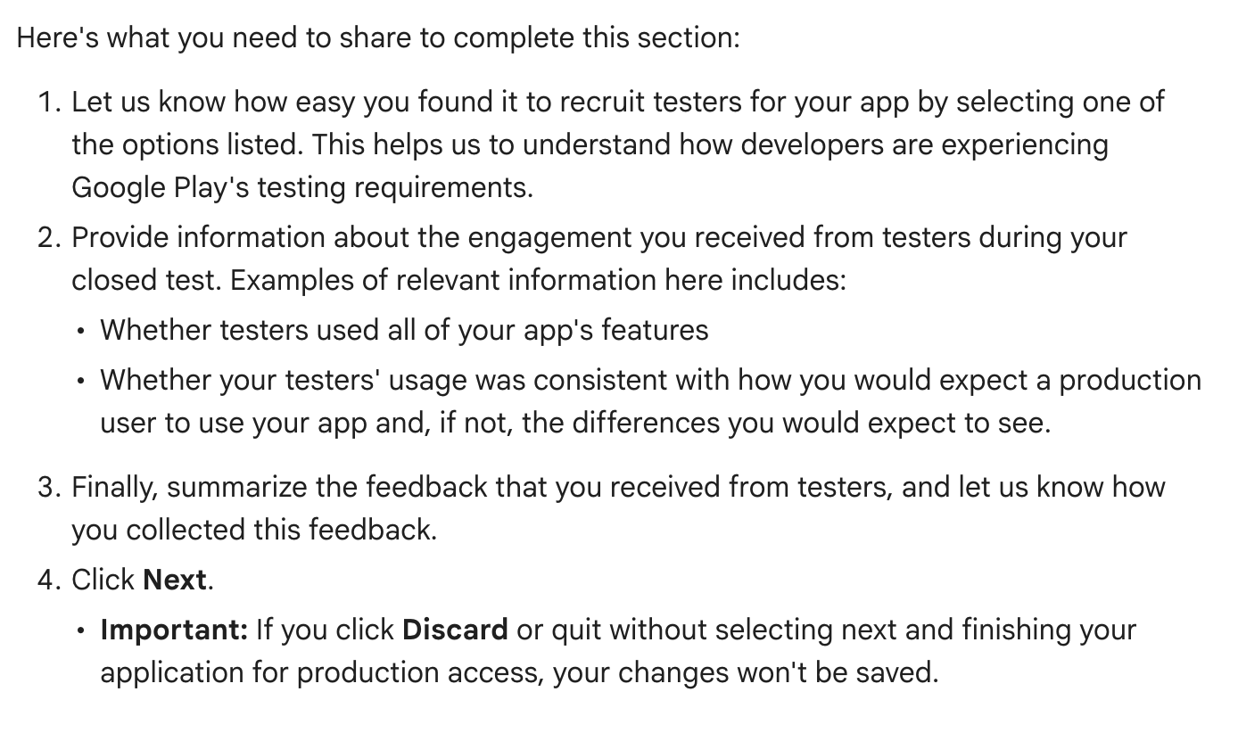 Play Console questionnaire asking how testers were recruited, how they used the app, and what feedback they gave