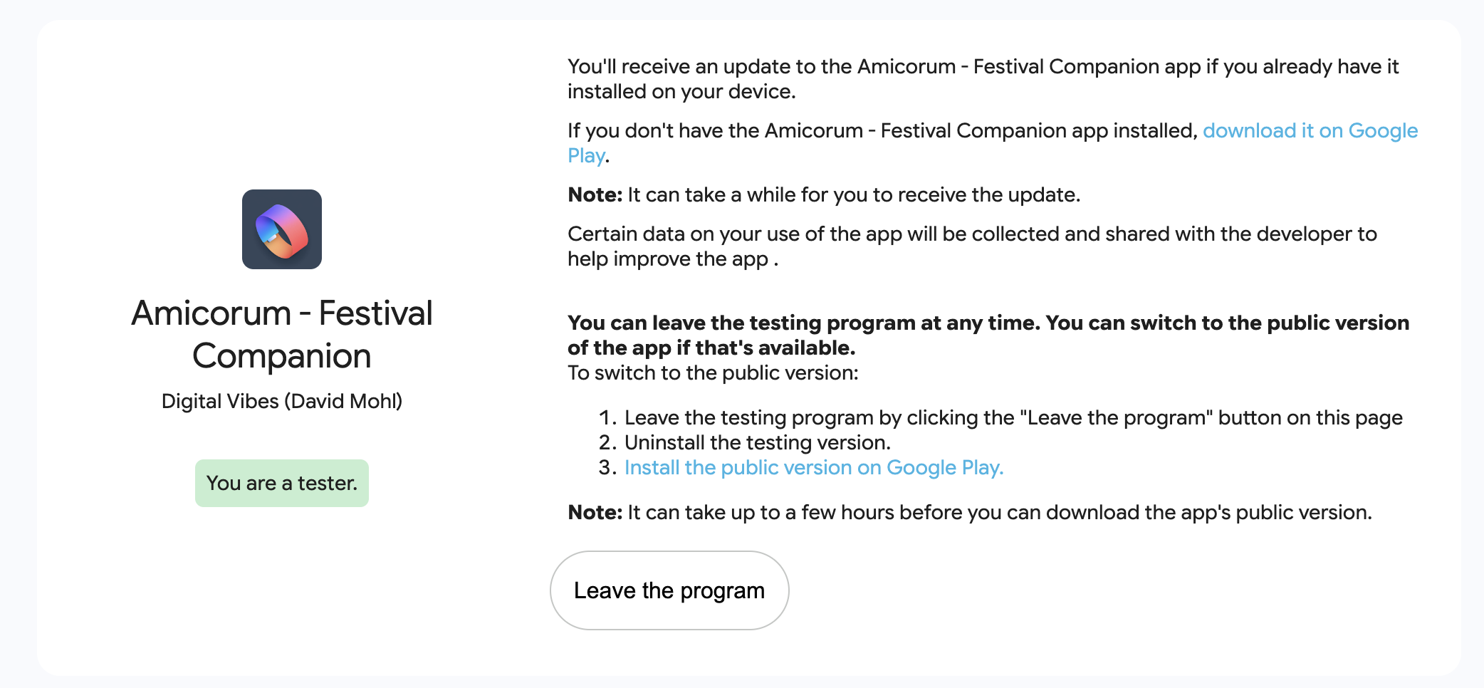 Google Play closed testing page showing You are a tester for Amicorum Festival Companion, with a note that updates can take a while