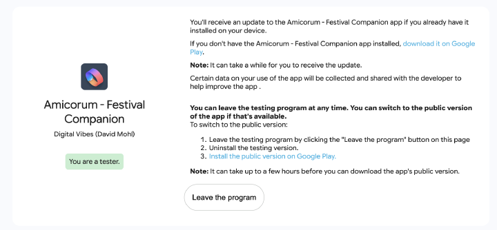 Google Play closed testing page showing You are a tester for Amicorum Festival Companion, with a note that updates can take a while