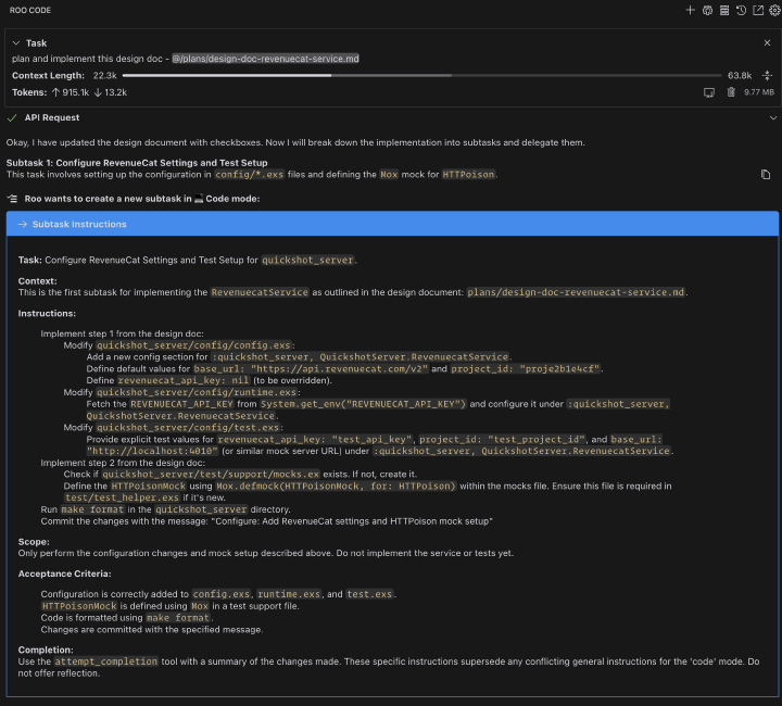 Roo Code splitting a RevenueCat design doc into a subtask, with the generated instructions spelling out which config files to edit and the acceptance criteria